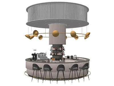 Stylish Round Bar Counter With Black Bar Stools Golden Pendant Lights Coffee Machine And Shelves 3d model