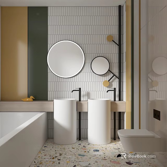 Modern Bathroom With Double Pedestal Sinks Round Mirrors White Tiled Wall And Light Countertop 3d model 