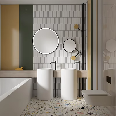 Modern Bathroom With Double Pedestal Sinks Round Mirrors White Tiled Wall And Light Countertop 3d model