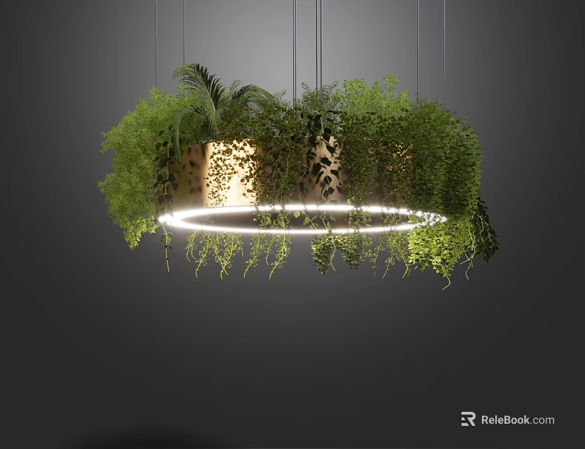 Elegant Circular Chandelier With Hanging Lush Green Plants And Integrated Lighting 3d model 