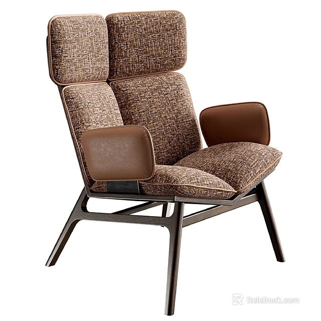 Modern Stylish Leisure Chair With Textured Fabric Upholstery Leather Armrests And Sturdy Wooden Legs 3d model 