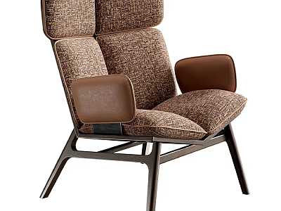 Modern Stylish Leisure Chair With Textured Fabric Upholstery Leather Armrests And Sturdy Wooden Legs 3d model