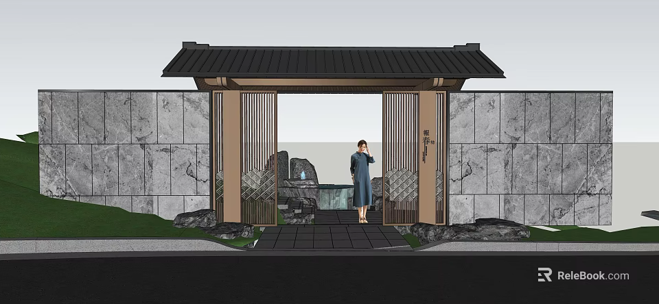 Traditional Chinese Entrance Gate With Black Tiled Roof Wooden Lattice And Mountain Waterfall Backdrop 3d model 