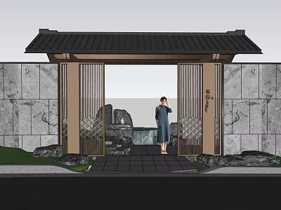 Traditional Chinese Entrance Gate With Black Tiled Roof Wooden Lattice And Mountain Waterfall Backdrop 3d model