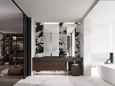 Modern Bathroom Interior Design With Marble Walls Large Mirror Wooden Vanity And Bathtub 3d model
