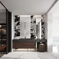 Modern Bathroom Interior Design With Marble Walls Large Mirror Wooden Vanity And Bathtub