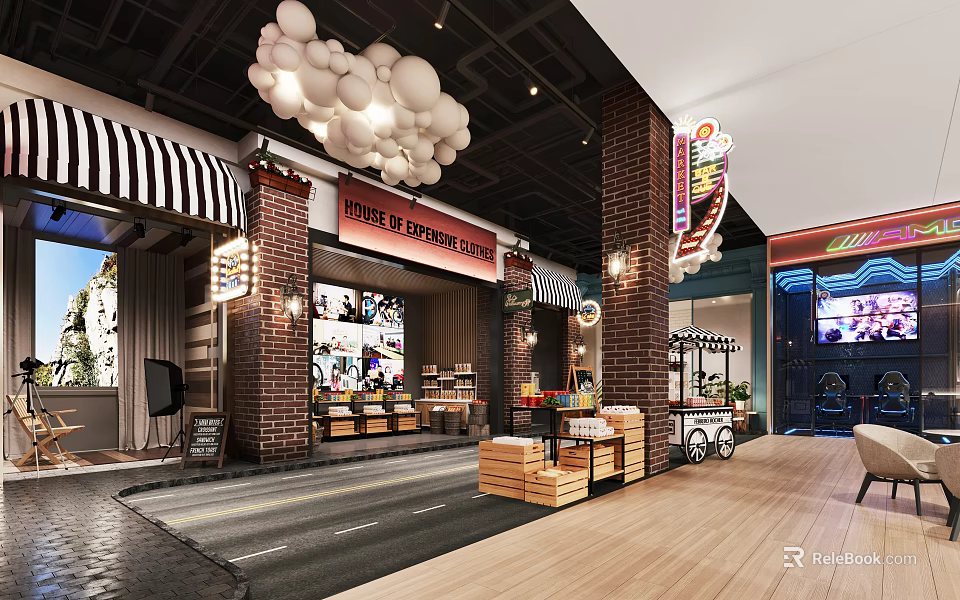 Shopping Mall Lobby With Striped Awning Brick Walls And White Spherical Pendant Lights 3d model 
