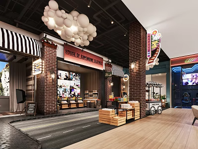 Shopping Mall Lobby With Striped Awning Brick Walls And White Spherical Pendant Lights 3d model