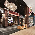 Shopping Mall Lobby With Striped Awning Brick Walls And White Spherical Pendant Lights