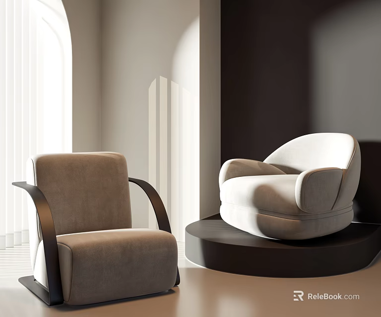 Modern Single Sofas in Gray and White Fabric with Minimalist Interior Soft Light 3d model