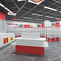Bright Supermarket Department Store Interior With Red White Decor Neat Shelves And Product Displays