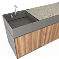 Modern Kitchen Cabinets With Wooden Panels Stone Countertop Sink And Appliance Area