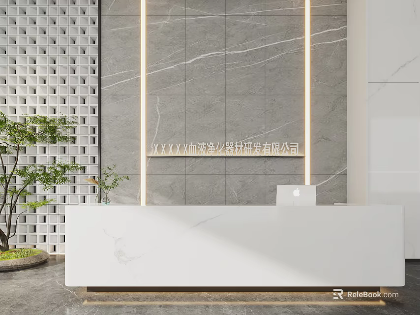 Modern White Marble Reception Desk With Grey Stone Wall LED Strip Lights And Green Plant 3d model 
