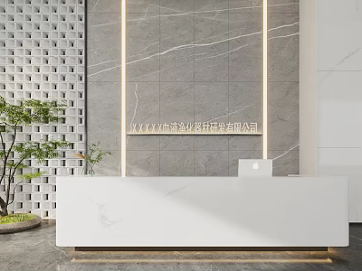 Modern White Marble Reception Desk With Grey Stone Wall LED Strip Lights And Green Plant 3d model