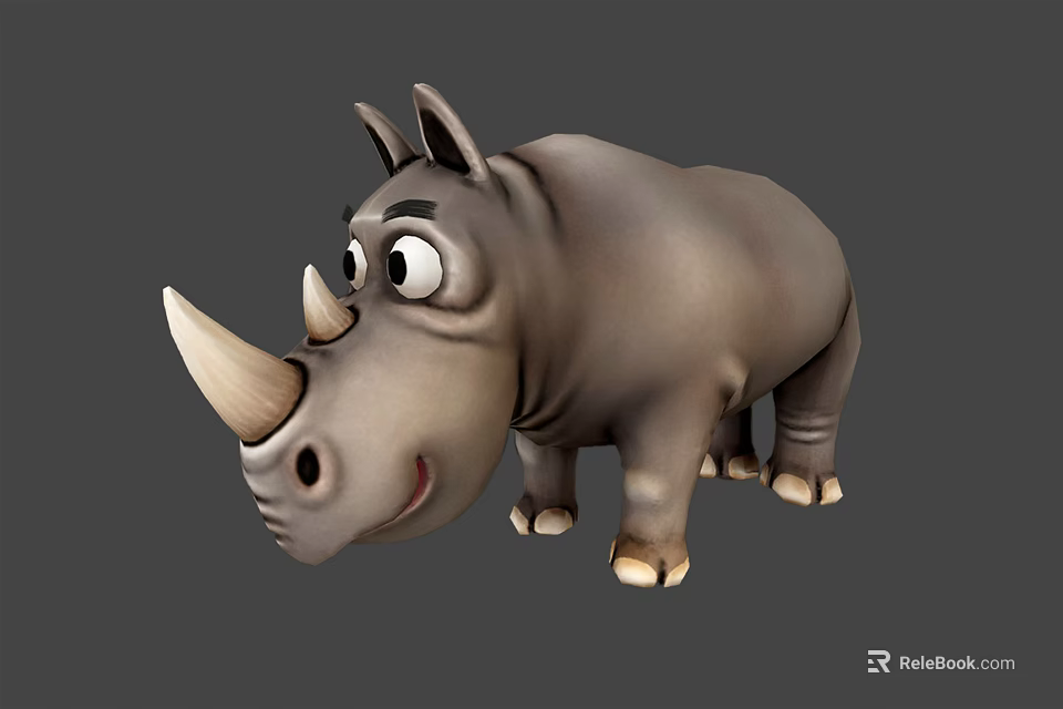 Cute Cartoon Rhinoceros 3D Model With Smiling Expression Big Eyes Gray Body White Hooves 3d model 