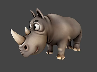 Cute Cartoon Rhinoceros 3D Model With Smiling Expression Big Eyes Gray Body White Hooves 3d model