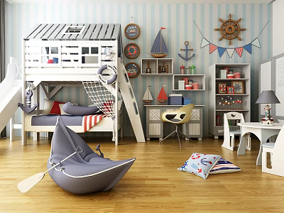 Kids Room Bunk Bed With Slide Boat Decorations Bookshelf And Storage Cabinets 3d model