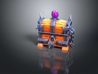 Vintage Treasure Chest With Orange Wooden Body Metal Decorations Purple Gemstone Chains And Lock 3d model
