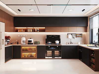 Modern Kitchen Interior With Dark Cabinets Sleek Countertops Open Shelves And Appliances 3d model