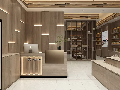 Modern Store Interior Design With Wooden Decor Front Desk Display Shelves And Soft Lighting 3d model