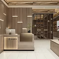 Modern Store Interior Design With Wooden Decor Front Desk Display Shelves And Soft Lighting