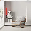 Light Gray Fabric Leisure Chair With Wooden Armrests And Lego Stormtrooper Holding Red Lightsaber