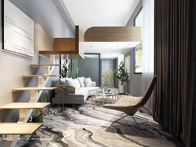 Modern Wooden Staircase Design In Bright Living Room With Sofa And Plants 3d model