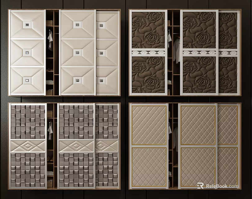 Wardrobe With Various Door Patterns Including Diamond Rose Geometric And Quilted Designs 3d model