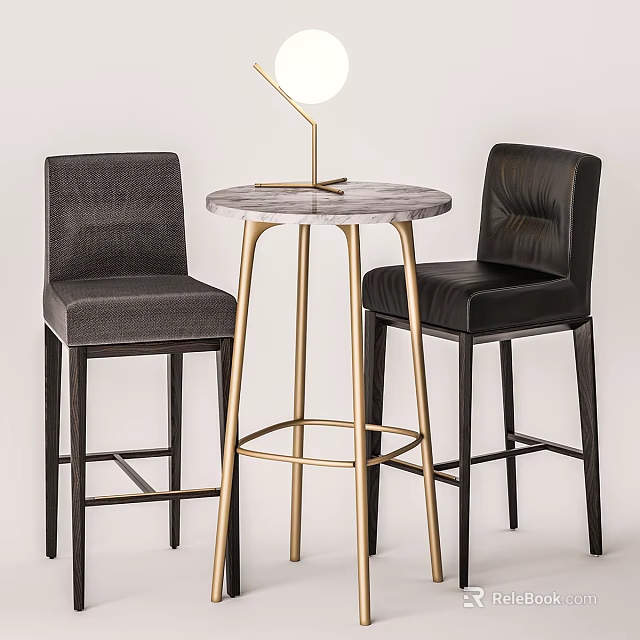 Modern Round Bar Counter With Marble Top Golden Legs And Upholstered Gray Black Stools 3d model 