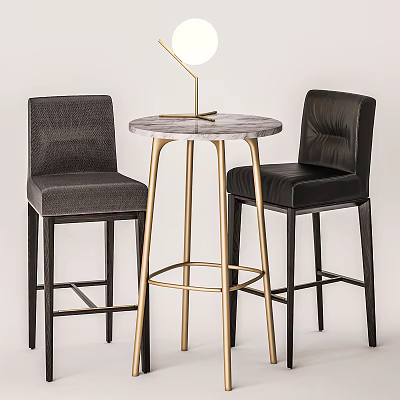 Modern Round Bar Counter With Marble Top Golden Legs And Upholstered Gray Black Stools 3d model