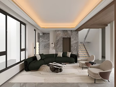 Modern Living Room Interior With Green L Shaped Sofa Beige Armchairs And Marble Accent Wall 3d model