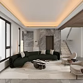 Modern Living Room Interior With Green L Shaped Sofa Beige Armchairs And Marble Accent Wall