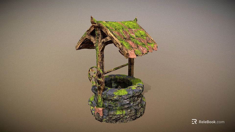Rustic Ancient Well Structure With Thatched Roof Moss Covered Stones And Wooden Pulley 3d model 