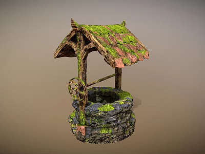 Rustic Ancient Well Structure With Thatched Roof Moss Covered Stones And Wooden Pulley 3d model