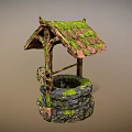Rustic Ancient Well Structure With Thatched Roof Moss Covered Stones And Wooden Pulley