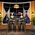 Cafe Interior Design With Brick Wall Large Window Night View Plants And Wall Lamps