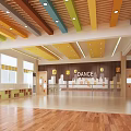 Vibrant Kindergarten Indoor Environment With Yellow Ceiling Colorful Beams Music Wall Wooden Floor And Stage