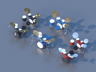Colorful Musical Instrument Drum Sets With Cymbals And Stands In Various Colors 3d model