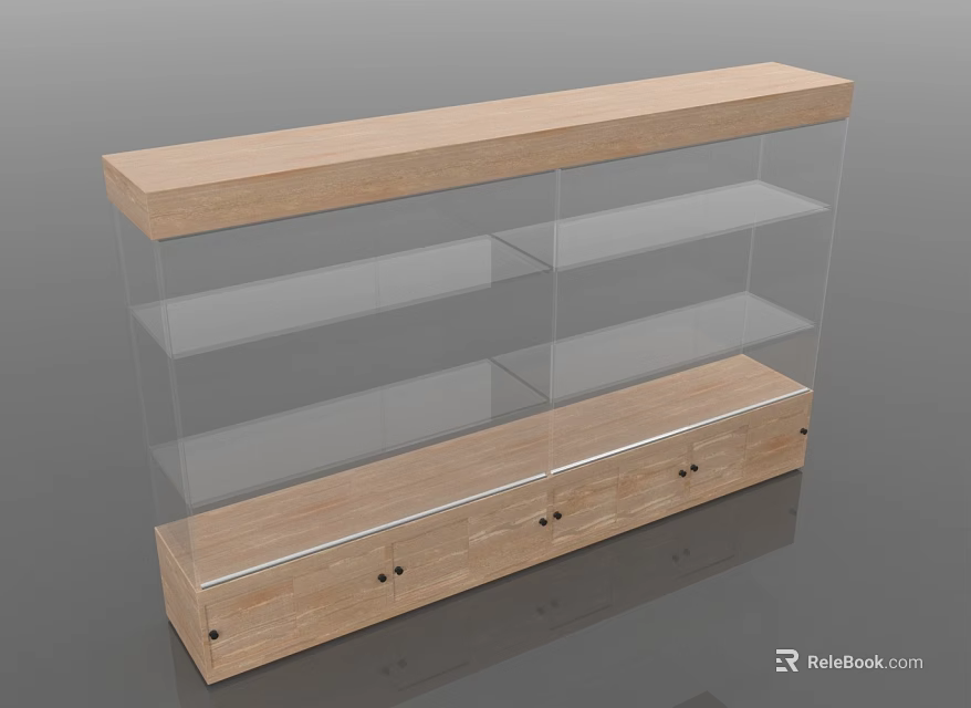 Modern Display Shelf With Wooden Top And Bottom Transparent Glass Shelves Multiple Layers 3d model 