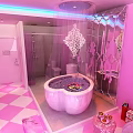 Romantic Hotel Room With Pink Walls White Female Silhouettes TV Rose And Bathtub