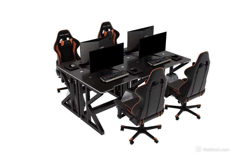 Modern Gaming Desk with Multiple Monitors and Ergonomic Gaming Chairs 3d model