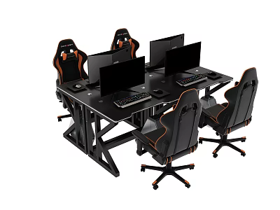 Modern Gaming Desk with Multiple Monitors and Ergonomic Gaming Chairs 3d model