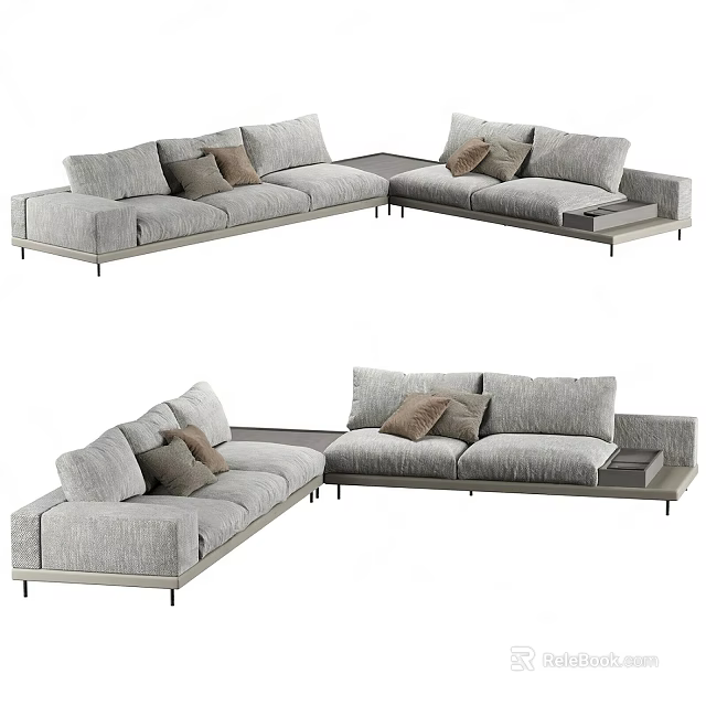Modern Gray Sectional Sofa With Plush Accent Pillows And Side Tables Design 3d model