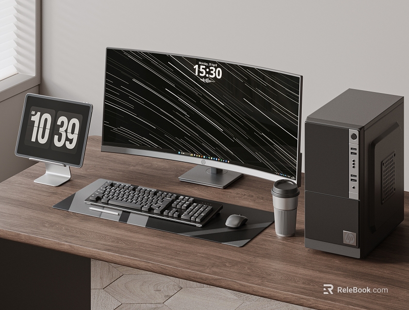 Modern Home Computer Desktop Setup With Curved Monitor Keyboard Mouse And Coffee Cup 3d model 