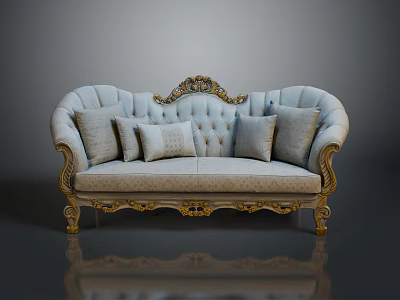 Elegant Light Gray European Style Sofa With Golden Carvings And Decorative Throw Pillows 3d model