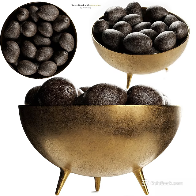 Fresh Ripe Black Olives Arranged in Golden Brass Bowls for Decorative 3d model 