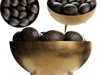 Fresh Ripe Black Olives Arranged in Golden Brass Bowls for Decorative 3d model