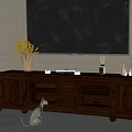 Classic Dark Wood TV Stand With Wall Mounted TV Decorative Vase And Green Plant