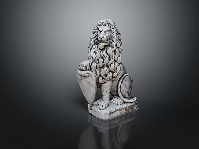 Detailed Lion Statue With Curly Mane Holding Shield On Stone Pedestal 3d model