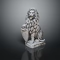 Detailed Lion Statue With Curly Mane Holding Shield On Stone Pedestal